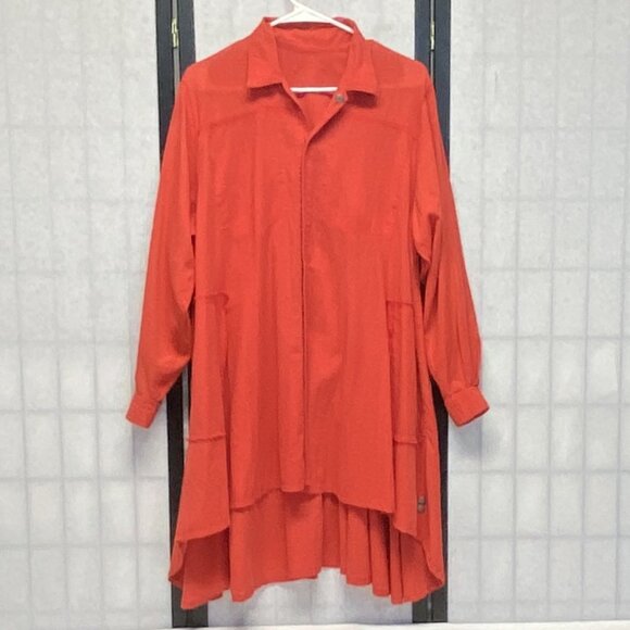 LizWear Button Front Collared Pocket Hi Low Safari Shirtdress S Long Sleeve Red - Picture 5 of 14